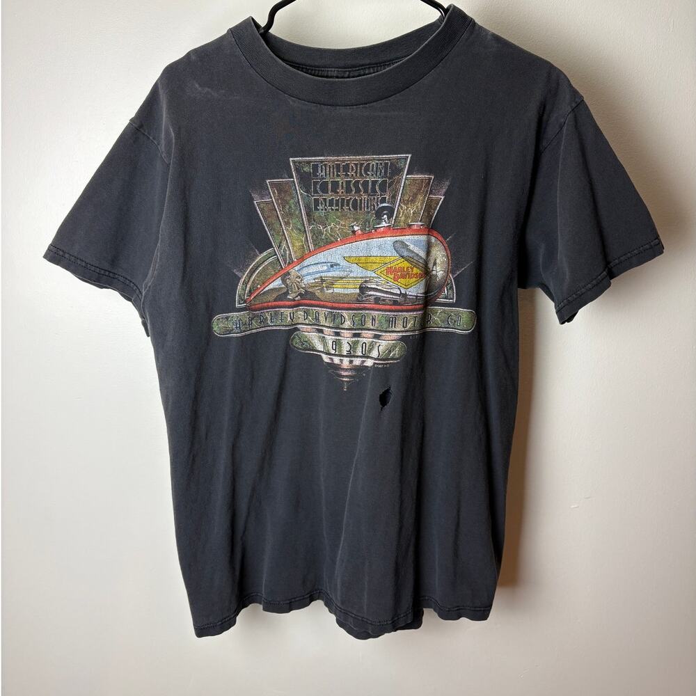 1997 Harley Davidson American Classic Motorcycles Faded Distressed Black Tee - L